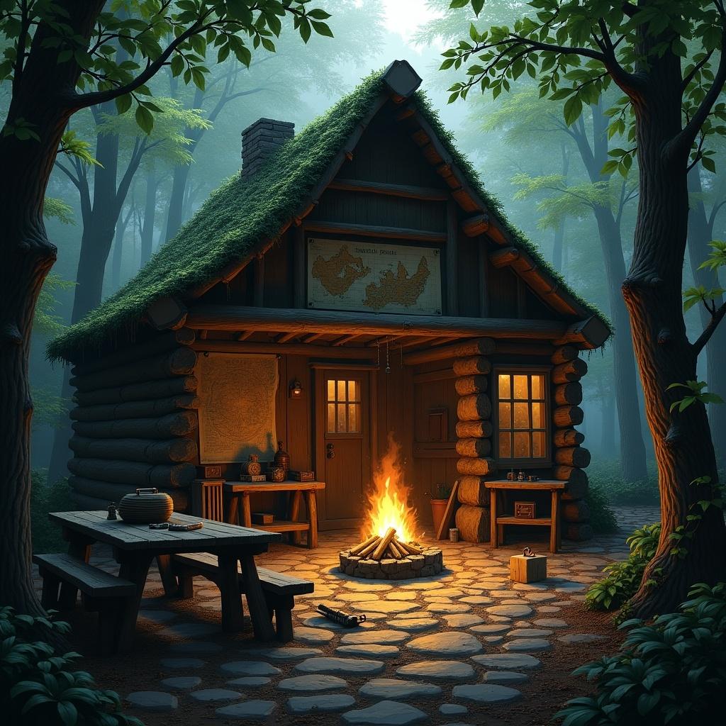 A rustic hut made from old logs nestled in a dense forest. Vines cover the roof with a warm, crackling campfire in front. The interior is chaotic yet functional, with maps and treasures scattered around. This setting gives a cozy yet mysterious vibe.