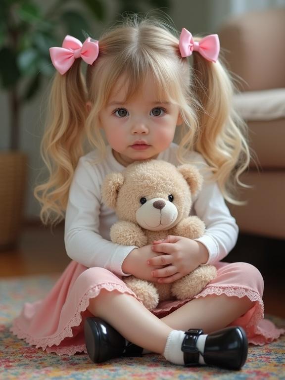Amateur photo of a beautiful young girl. She has blonde twin tails tied with pink bows. She wears a snug white top and a tiny pink mini skirt. She hugs a fluffy teddy bear. She sits on a colorful rug in a cozy living room, looking unsure of the camera.