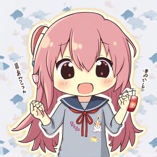 A chibi-style character with pink hair and large eyes wearing a school uniform. The character has a joyful expression, holding a bottle in each hand. Background features soft pastel colors and patterns.