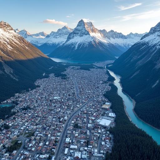 Aerial image showcasing the city of Banff in Canada surrounded by stunning mountains and rivers