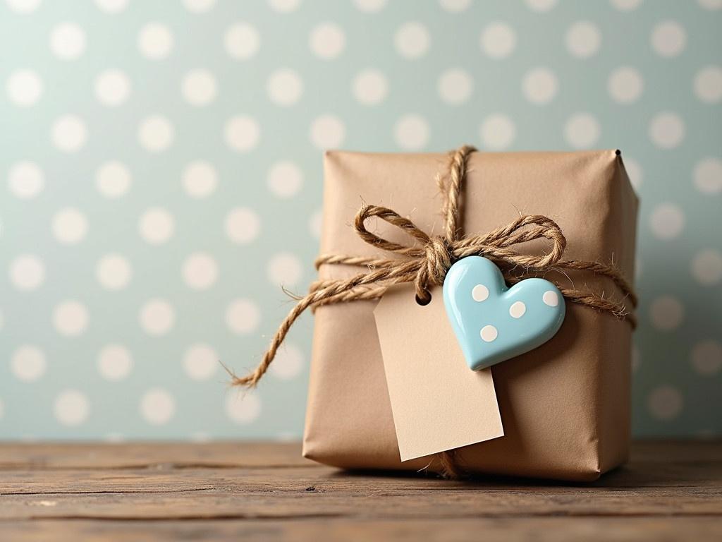 The image showcases a beautifully wrapped present on a rustic wooden table. The gift is brown and tied with a twine bow. Attached to the twine is a small ceramic heart, painted in light blue with white polka dots. A blank kraft paper tag is also hanging from the ribbon, ready for a personal message. The background is a soft polka dot pattern in light colors, enhancing the overall charm of the setting.