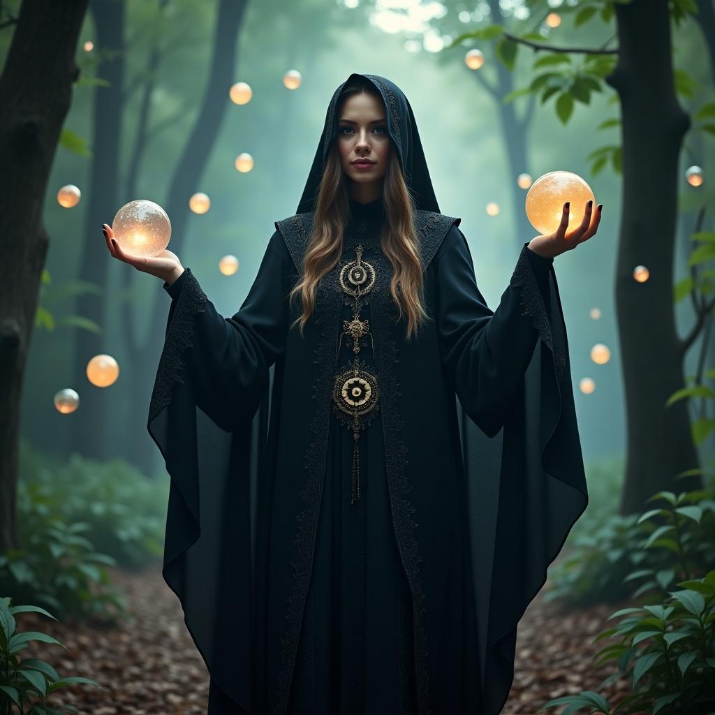 Witch recruiter in a forest setting. Wearing a dark robe and holding glowing orbs. Surrounded by mist and trees.