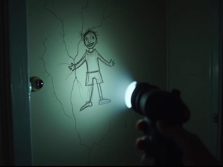 A person holds a flashlight revealing a child's drawing on a cracked wall. The drawing depicts a child smiling eerily. The setting has dark tones and a sense of unease. The atmosphere is tense and quiet. Light from the flashlight creates a stark contrast with shadows. The wall shows evident cracks and wear.