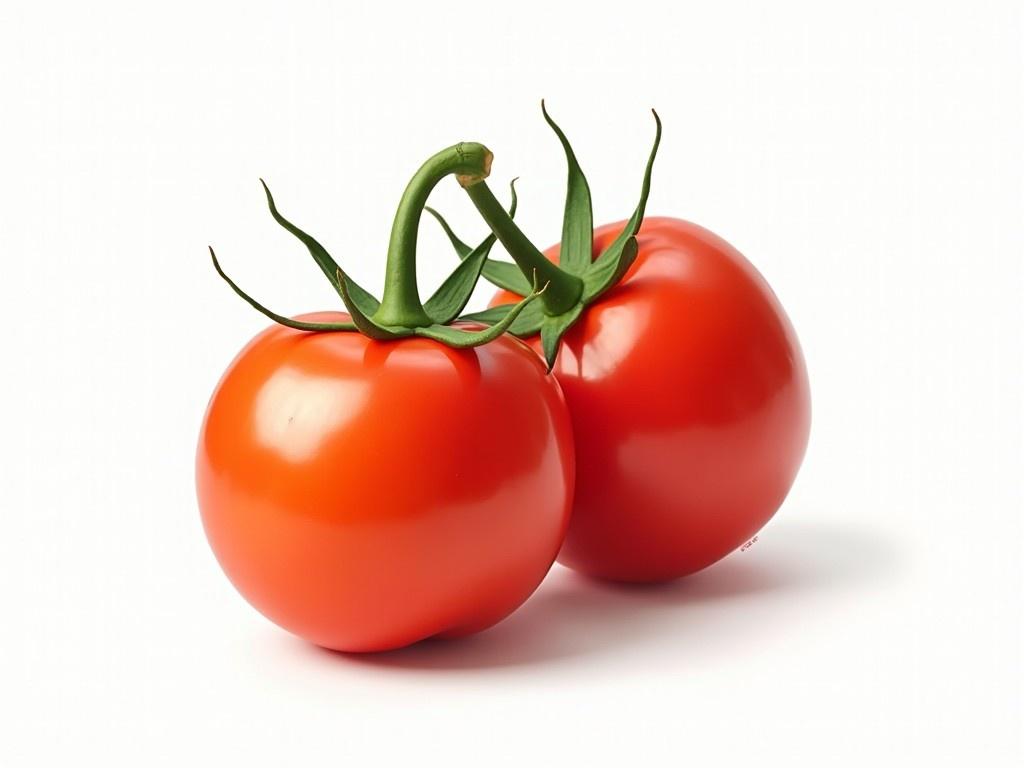 The image showcases two vibrant red tomatoes with fresh green stems, set against a clean white background. The tomatoes appear glossy, indicating freshness and ripeness. The simplicity of the composition highlights their natural beauty and makes the colors stand out vividly.