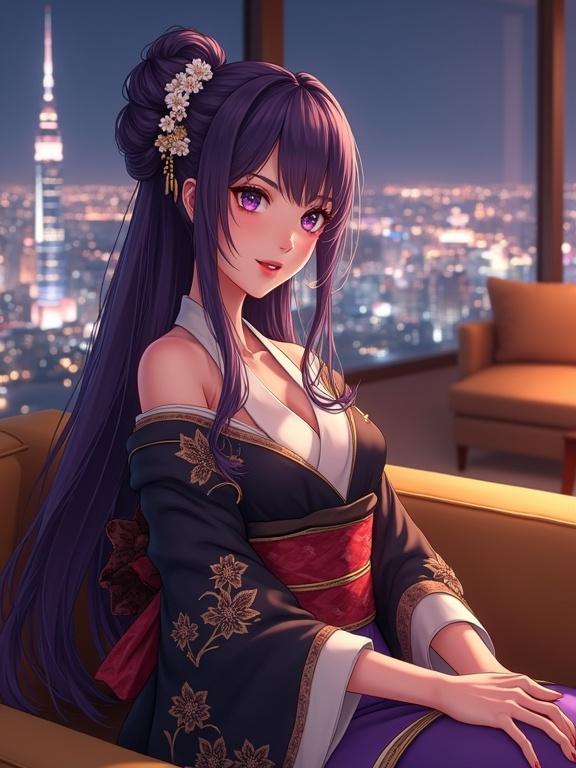 A full-body view of a beautiful anime-style matured lady with dark violet hair in an elegant updo. She wears a luxurious kimono with white sleeves and golden chrysanthemum patterns. A red obi belt is tied around her waist. The lady is seated comfortably on a luxurious sofa, with her legs crossed and a calm expression. The lounge has warm ambient lighting and a panoramic city nightscape view.