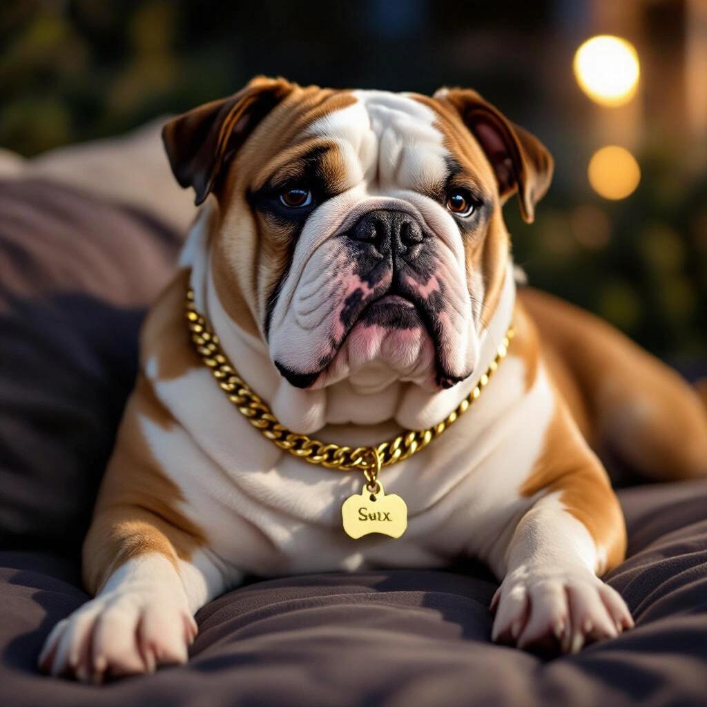Dark raw photo of an English bulldog relaxing outside at night The dog is fat and wearing a gold chain with a name tag that says SAX