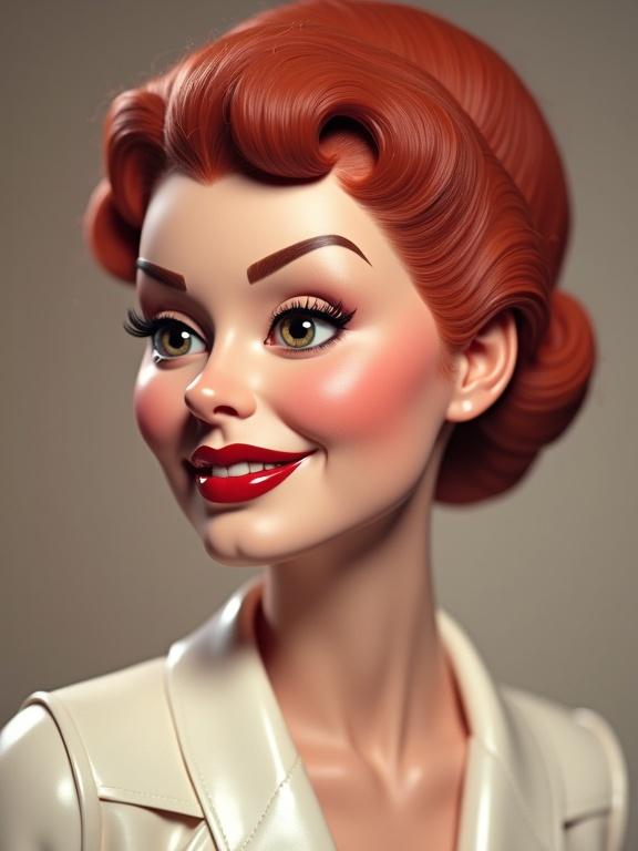 A hyper-stylized 3D floating head of a glamorous female avatar with a duchenne smile expression. Half-lidded eyes, arched brows, subtle lip curl conveying classic sassy girl attitude. Fair skin, porcelain-smooth, glossy finish. Highlighter on cheekbones and nose catching soft studio lighting.