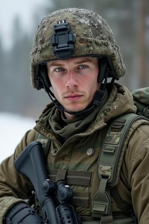 Portrait of a young male soldier, wearing military gear and a helmet. Snowy environment in the background with focus on soldier’s face. He appears serious and ready for action.