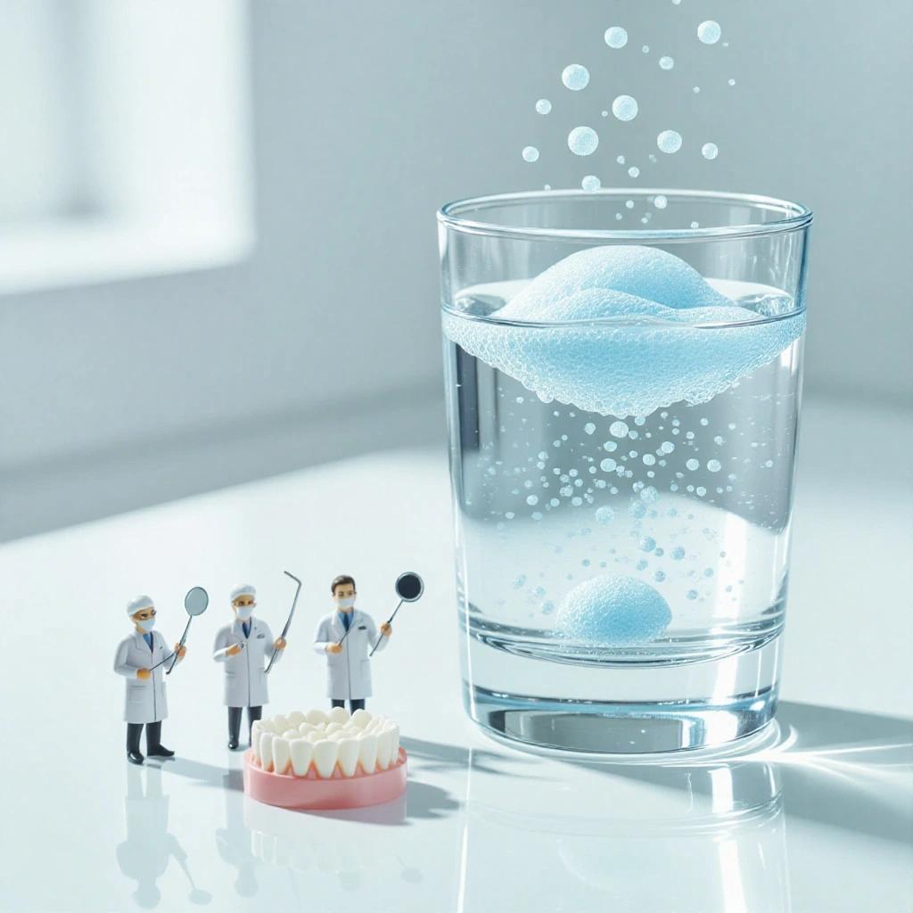 Close-up macro shot of a glass filled with fizzing mint-blue bubbles next to a partial denture. Tiny dentists appear in bubbles with dental tools. Bright and minimalistic bathroom setting.
