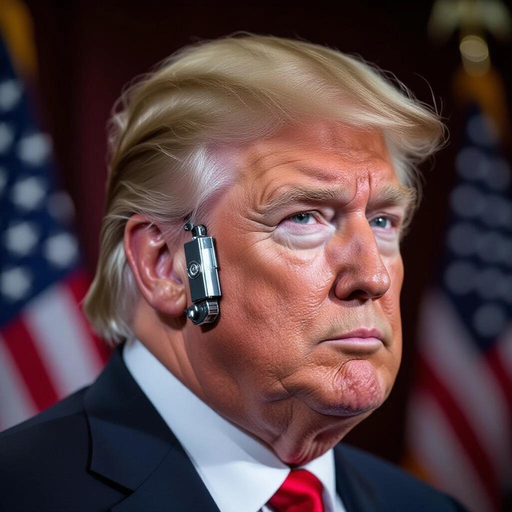 Close-up photo of a prominent figure's right ear showcasing a metallic structure resembling an implant. Expression is neutral and lifeless. High-resolution with sharp detail and cinematic lighting. Background features blurred American flag and press room. Photojournalism style without overlays.