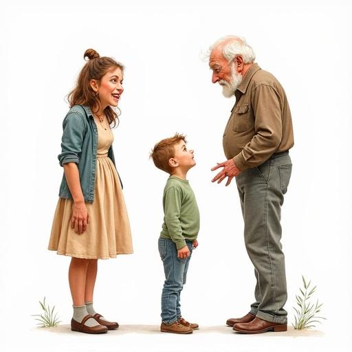 Realistic watercolor illustration of adult woman, child, and older man interacting with silly expressions. Characters are full body view and gesticulating in a funny manner. White background ensures focus on characters. Drawing style similar to Robert McGuinness and Norman Rockwell.