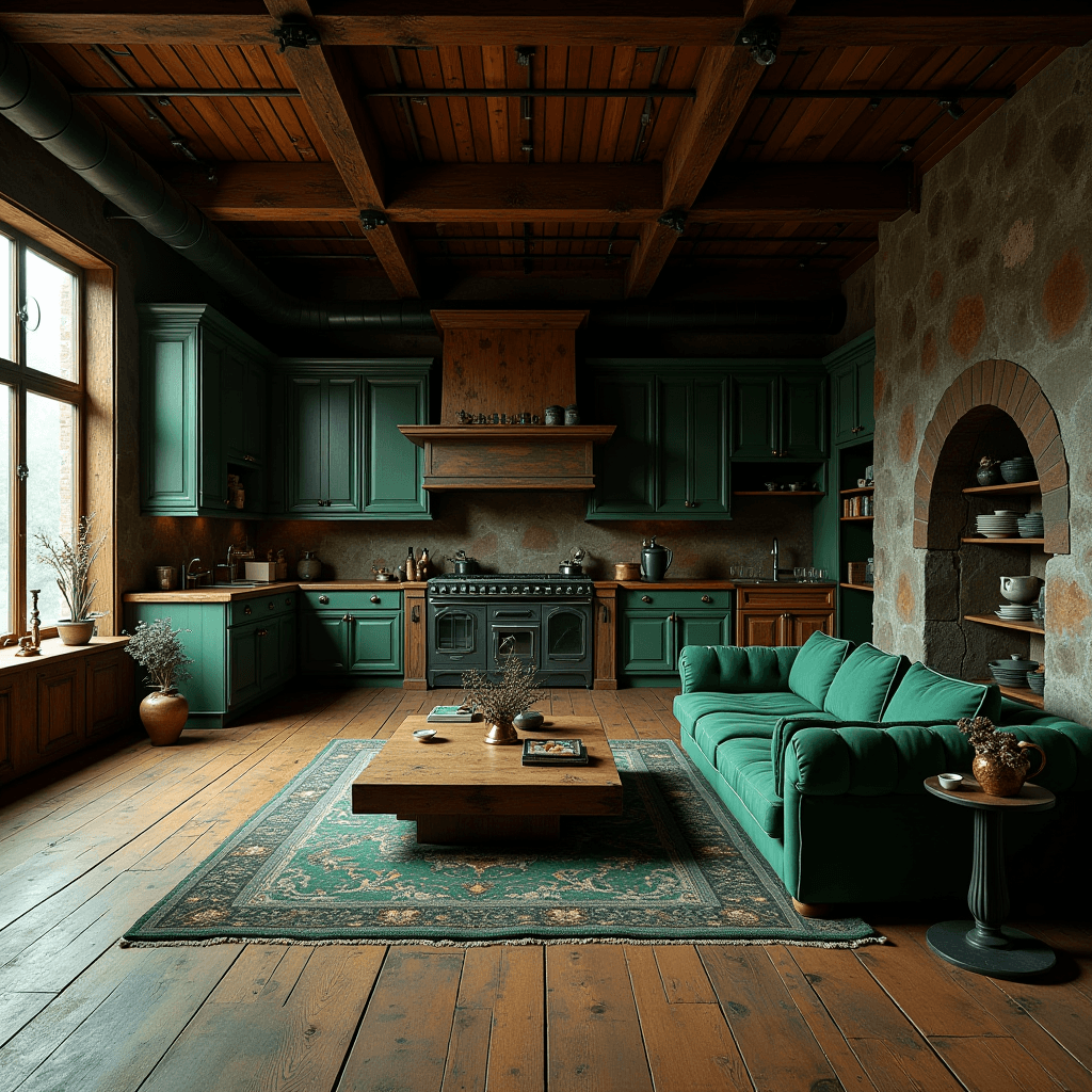 A rustic kitchen with green cabinetry, wooden floors, and a vintage-style stove.