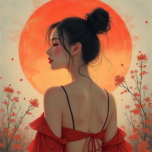 A beautiful woman wearing a red outfit poses against a large orange sun. Flowers surround her.