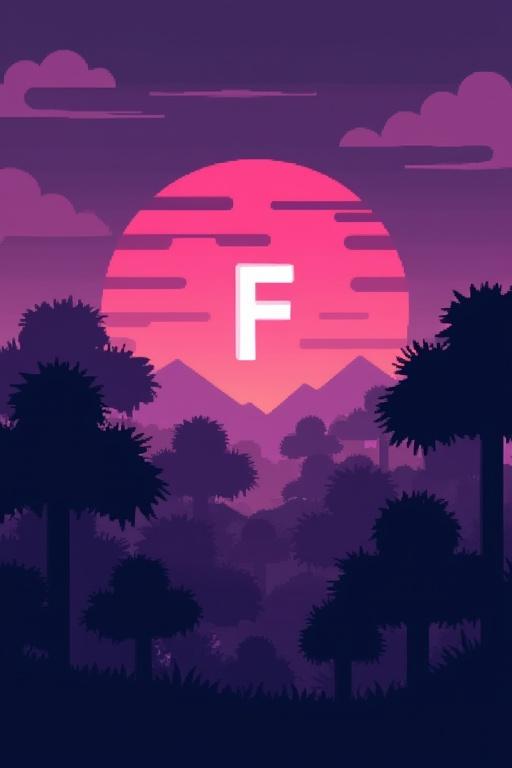 Logo features a sunset scene with pixel trees and grass. Center has pixel art letter 'F'. Modern style reflects gaming theme.