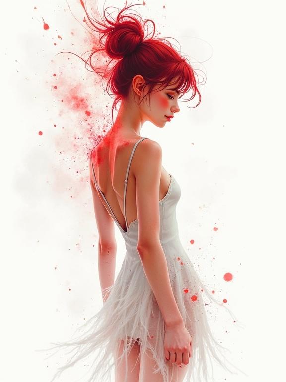 Art depicting a woman in a sheer, delicate dress with red hair and splashes of color. Background is white with artistic watercolor techniques. Emphasizes beauty and artistic expression.
