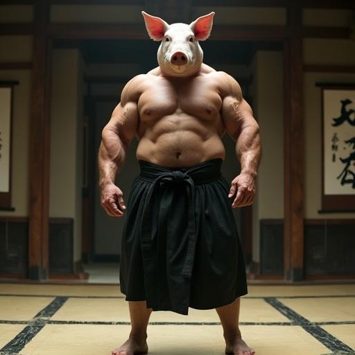 Strong muscular bodybuilder wearing pig head and aikido kilt. He stands in traditional dojo, barechested. Large muscular physique, thick full pecs, lean abs. Barefoot with muscular feet. Shot in cinematic style with dramatic lighting.