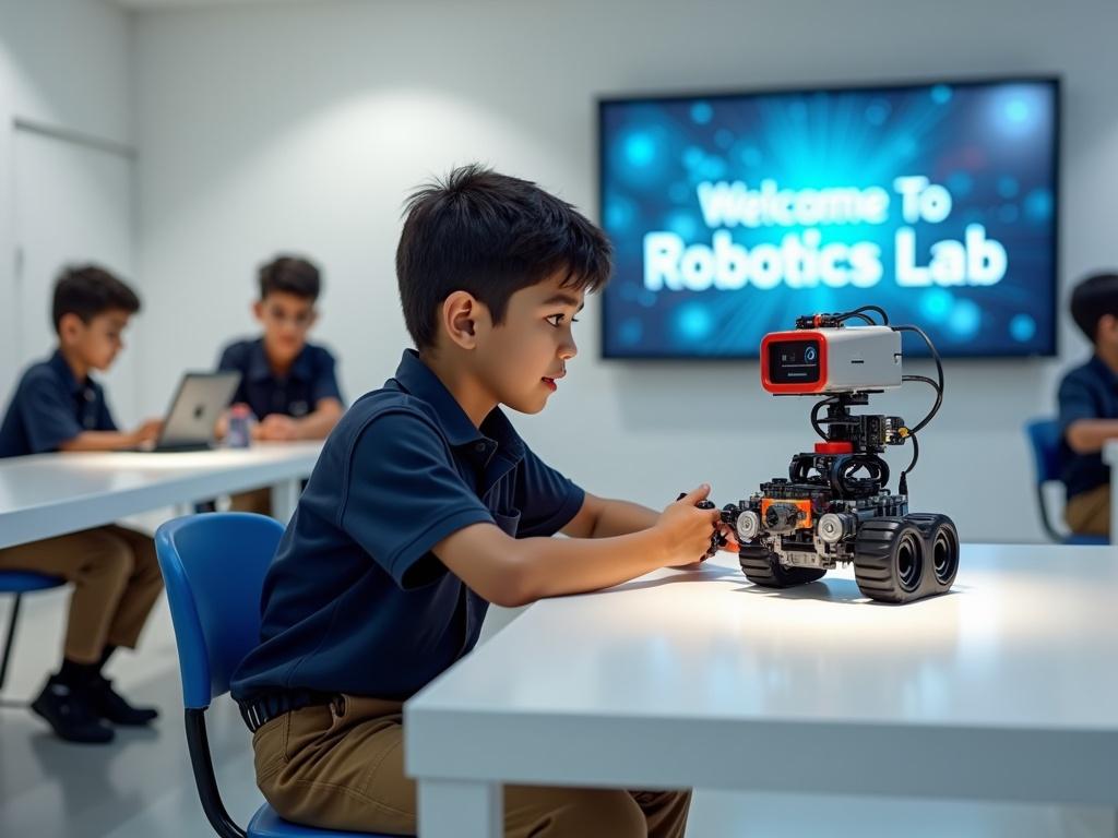 A realistic scene in a modern classroom at Manarat Jeddah School. An 8-year-old boy sits at a white tech table with a LEGO EV3 robot. Classroom features smart boards displaying Welcome to Robotics Lab. Children in matching uniforms look on curiously.