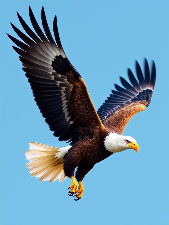 Bald eagle depicted mid-flight with fully outstretched wings and dramatic pose. Bright white head and tail feathers contrast deep brown body. Golden yellow hooked beak and extended talons emphasize action. Clean, light blue background enhances the eagle's features and motion.