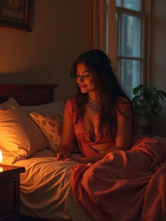 Young lady in bed at night. She wears colorful traditional Indian clothing. Environment has warm candlelight. Cozy bedroom setting. Soft furnishings visible with a plant in the background.