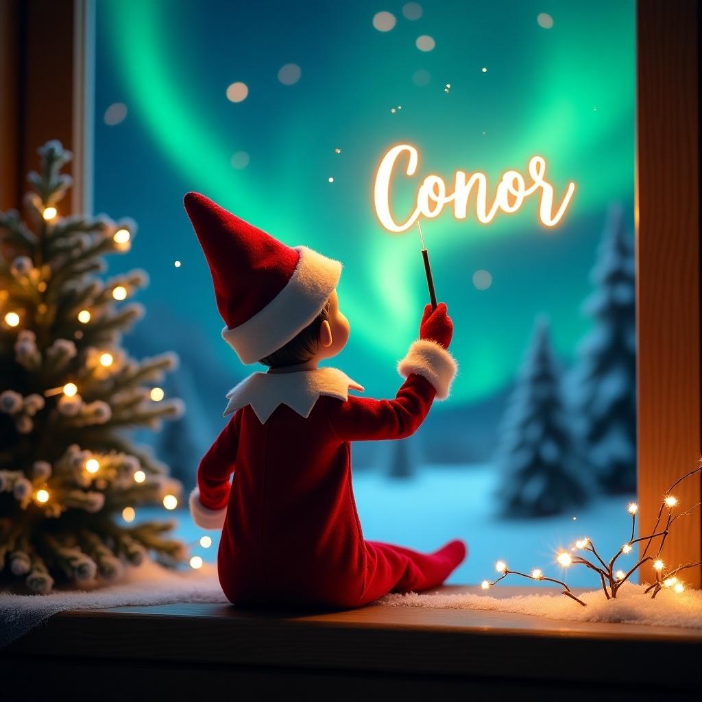 An enchanting Christmas scene features an elf on the shelf, dressed in red and white. The elf is facing the sky, turned away from the viewer, with a magic wand in hand. Above him, the name 'Conor' glows brightly as he writes it. The backdrop boasts vibrant northern lights, enhancing the magical feel of the scene. Soft lights from a decorated tree and window create a warm atmosphere, capturing the spirit of Christmas. This whimsical portrayal evokes joy and excitement for the holiday season.