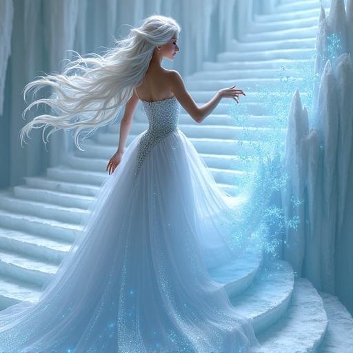 A semi-realistic ice queen descending a magical staircase of crystalline ice. Long platinum-white hair flows in the wind. Wearing a sparkly white strapless ball gown with a wide train. Pose is dynamic casting blue ice magic that creates steps. Background is neutral and softly lit emphasizing cool tones.