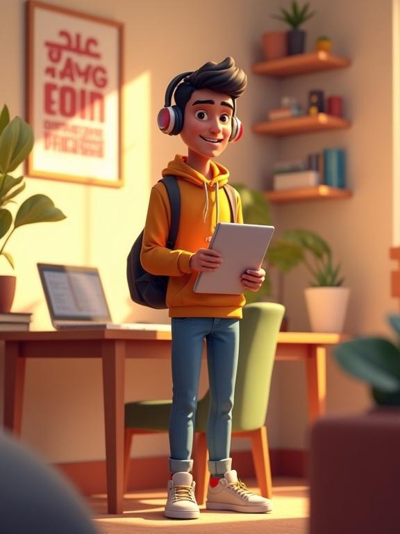 3D cartoon scene with a young man in his 20s preparing for a creative mission. He stands in a cozy workspace, packing essentials like a laptop and sketchbook, wearing a hoodie. Room features a desk, shelves with books, and a motivational poster. Warm lighting creates an inspirational atmosphere, in Pixar-like style.