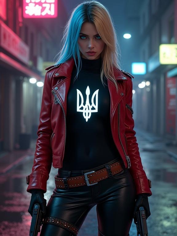 Hyper-realistic digital artwork of a fierce female mercenary in a gritty urban alley at night. Split-colored hair, blonde on left and electric blue on right. Shiny red leather jacket over black turtleneck with a glowing Ukrainian trident. Tight black leather pants and studded brown leather belt. Thigh holsters with detailed pistols. Two tactical rifles held firmly. Cold expression with piercing blue eyes reflecting neon lights. Dark background with wet pavement and flickering neon signs.