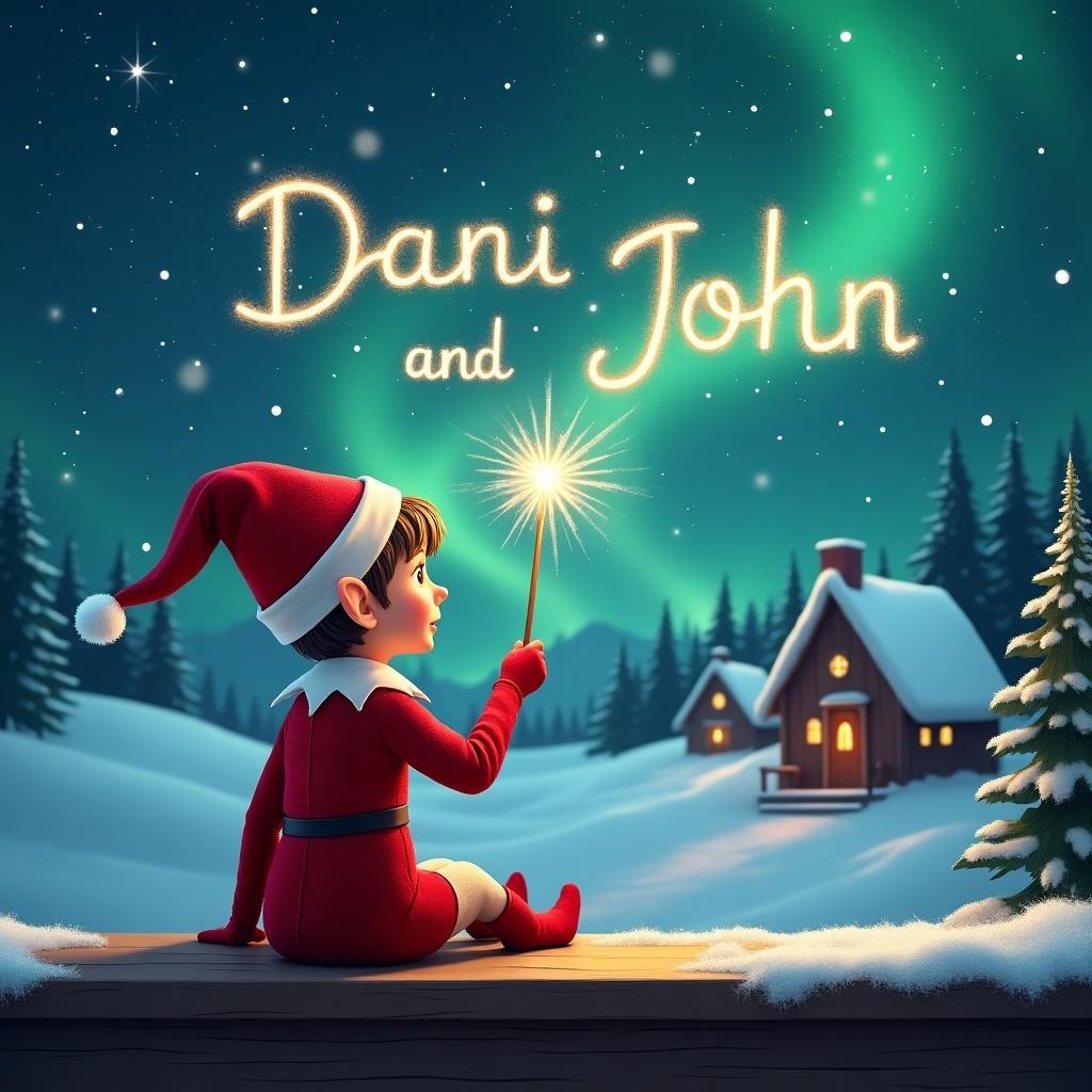 An elf sits on a wooden ledge with back to camera gazing at a magical sky. The elf dressed in a red outfit with a pointed hat holds a sparkling wand. With the wand, the elf writes the names 'Dani and John' in the starry sky. The background features a snowy landscape with charming little houses and evergreen trees under shimmering Northern Lights. This whimsical scene captures essence of childhood magic and Christmas cheer.