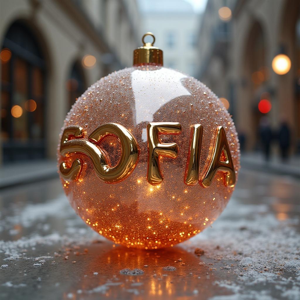 Big glass bauble featuring the name SOFIA with glitter and light elements.