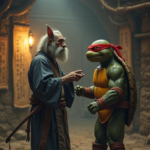 Hyper-realistic cinematic scene featuring two characters. Wise old creature reimagined as Master Splinter. Dressed in ragged kimono. Holding wooden training staff. Giving lesson to confused turtle character. Background has ancient scrolls and sewer dojo ambiance. Warm soft lighting with shadows.