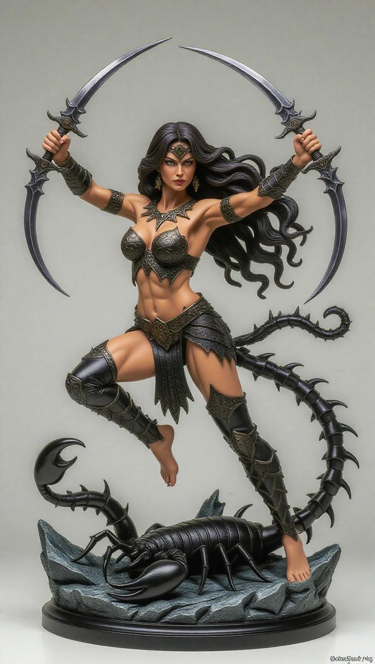 Resin sculpture depicts a goddess inspired by Scorpio. Muscular body is in a leap with flowing hair. She holds two curved daggers crossing in the air. Expression is fierce. Dark armor features sharp decorations. Large scorpion tail is at her waist. Base shows rocky ground with cosmic atmosphere.