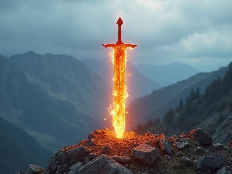Sword made of glass resembling fire. Sticking out of mountainous ground. Handle at top engulfed in flames. Ground illuminated below. Detailed view of mountains in the distance. Cloudy and hazy weather.
