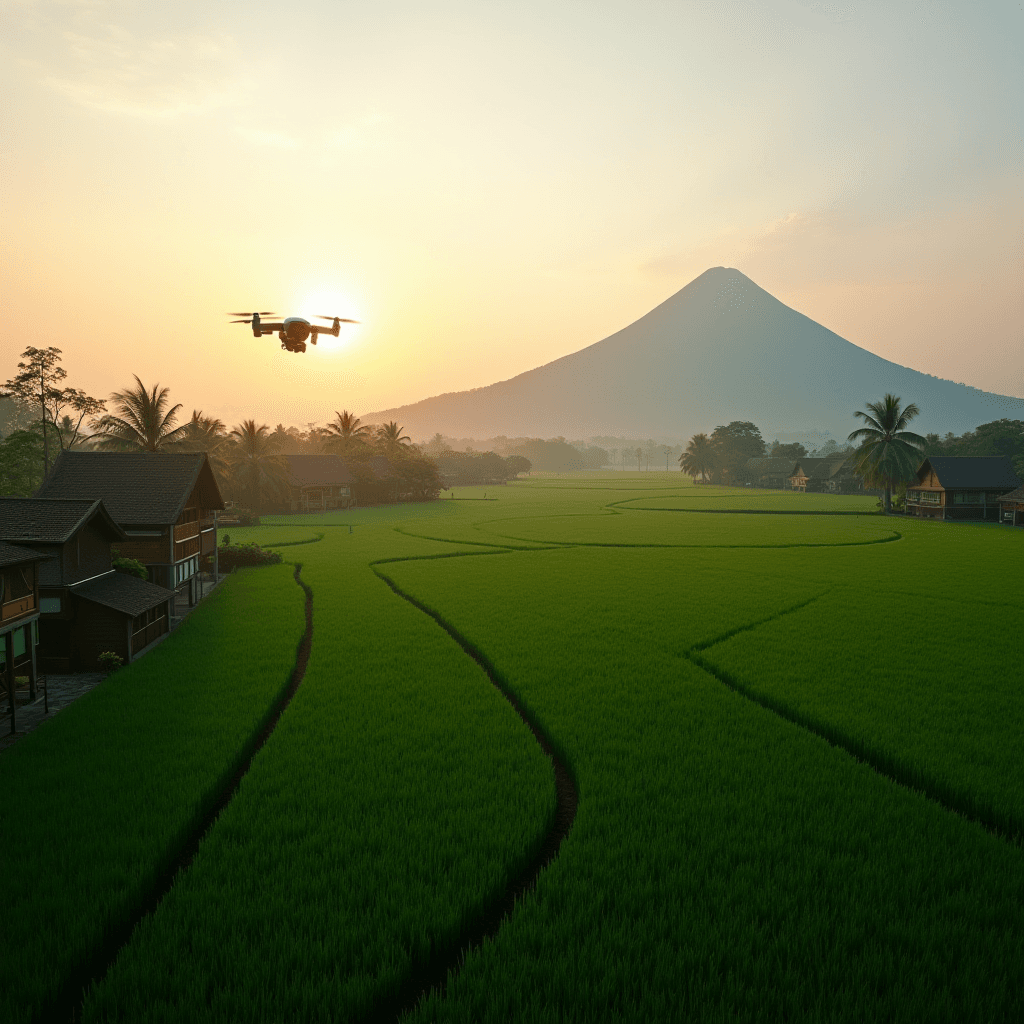 A drone hovering over lush green rice fields with a sunrise illuminating a volcano in the background.