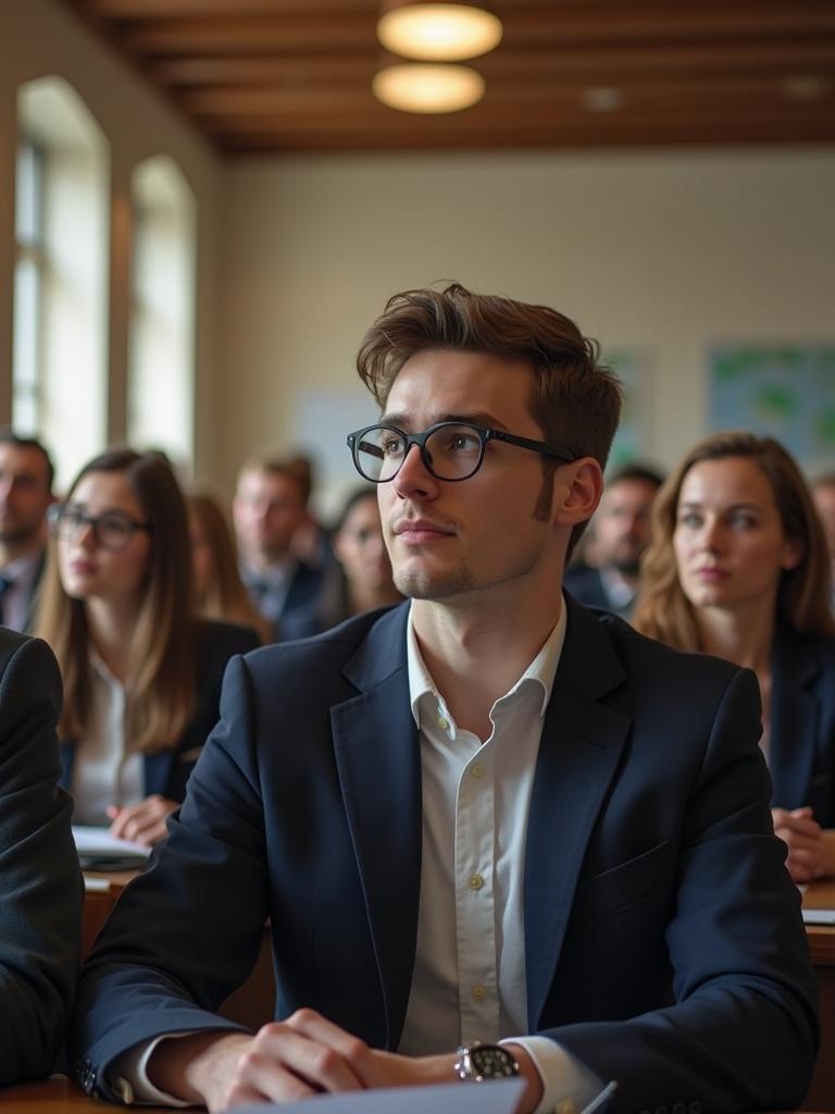 Single student sitting in a college classroom. Students are attentively listening to the lecture. Formal attire is observed among the attendees.