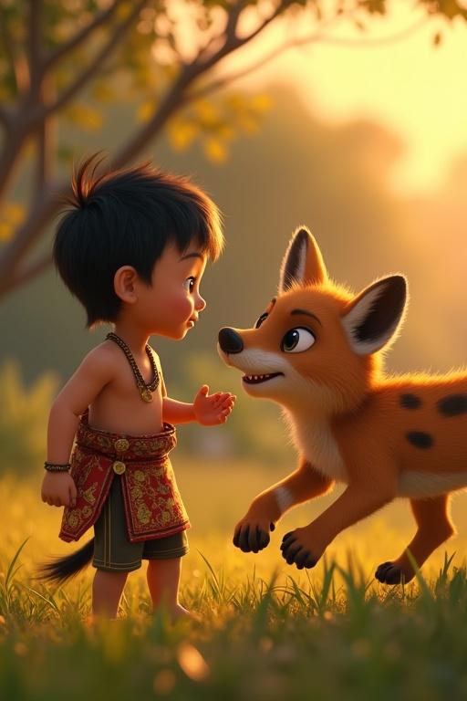 A small child in traditional adventurous clothing plays with a friendly fox in a vast savanna. The child smiles and gently touches the fox's snout. The fox has a thick fur coat and friendly eyes. The background shows a golden sunset over the savanna, with warm and soft lighting.