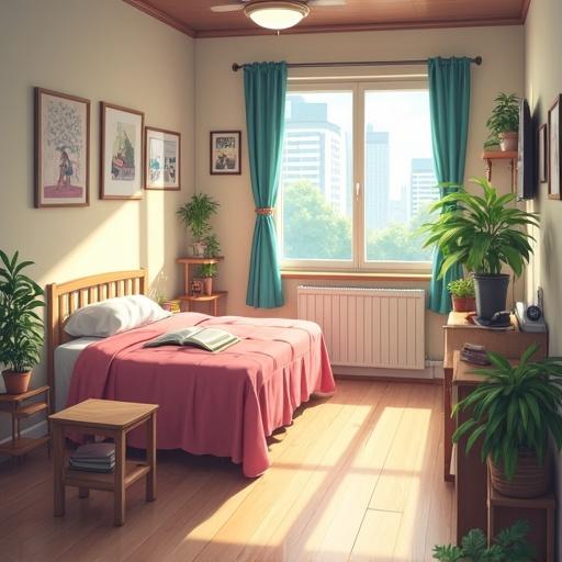 Anime-style depiction of a small student apartment with soft furnishings and plants. Features a cozy bed, books, and a window with a city view.