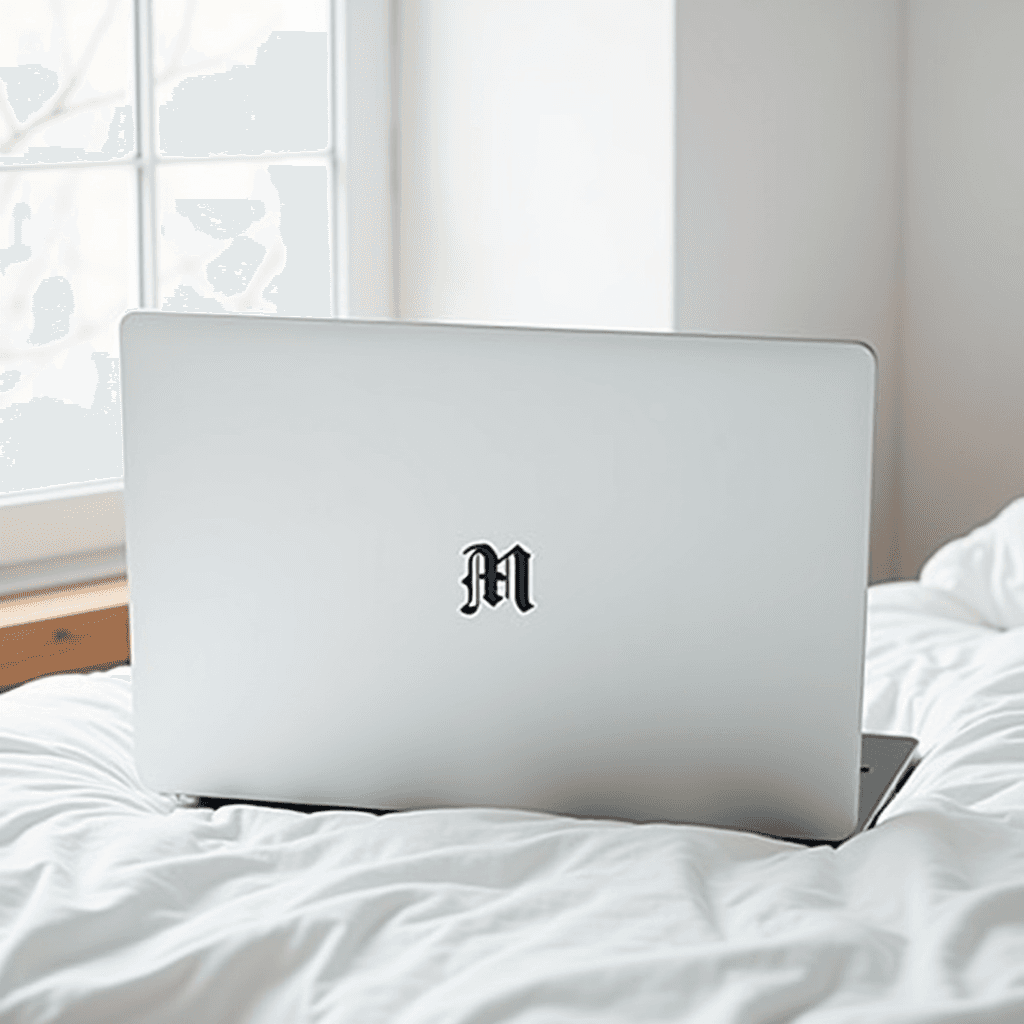 A laptop with a bold 'M' is placed on a white, comfy bed by a bright window.