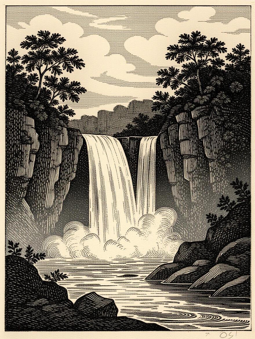 Classical waterfall etching with intricate line work. Traditional copperplate engraving technique shows fine cross-hatching. Emphasizes masterful printmaking with black and white tonal effects. Utilizes Renaissance-inspired technique, designed for limited edition print quality, suitable for museum collections.