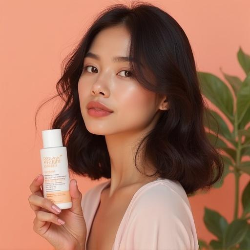 Beautiful individual holding Mamaearth shampoo on peach background. Product label visible and clear. Focus on facial expression and product features.
