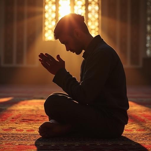 A person engaged in Muslim prayer. The setting features sunlight shining through ornate windows. There is a sense of calm and devotion captured in the pose. The atmosphere is warm and inviting. The focus is on the act of prayer.