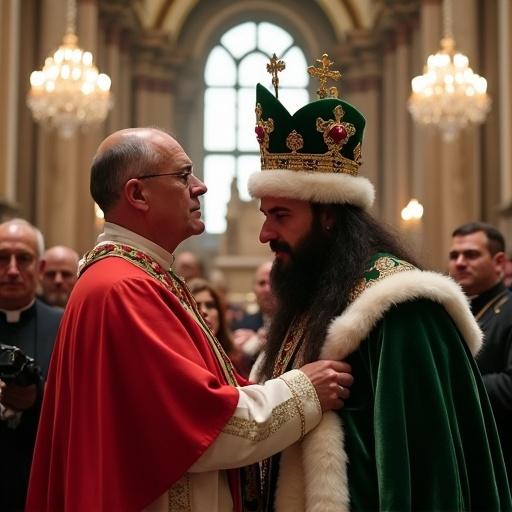 A Catholic cardinal in red vestments conducts a ceremony placing a green crown on a king. The king has a black beard and long hair, wearing a green velvet robe. The setting is an ornate cathedral filled with people and clergy.