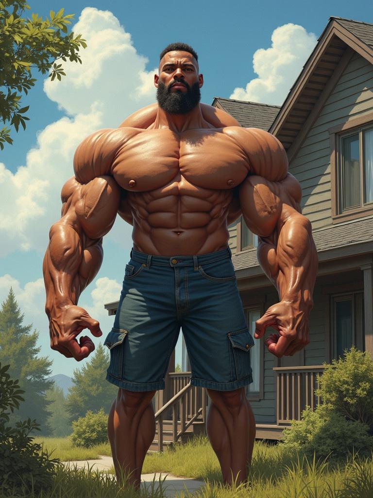 A gigantic muscular man stands next to a house. His muscles are exceptionally large. He rips the roof off the house. He tries to grab a smaller person inside the house. The smaller person looks scared. The giant is smiling down at the smaller figure.