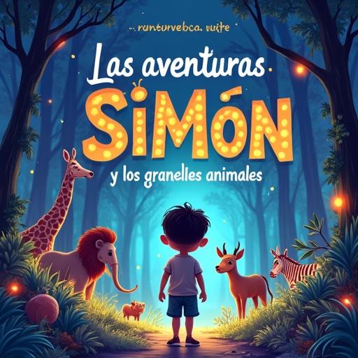 Cover of a children's storybook titled Las aventuras de Simón y los grandes animales. A young boy named Luna stands in a vibrant magical forest filled with glowing plants. Various animals like lion, elephant, giraffe, zebra, and others surround him. The title is whimsical and colorful, inviting readers into an adventurous world.