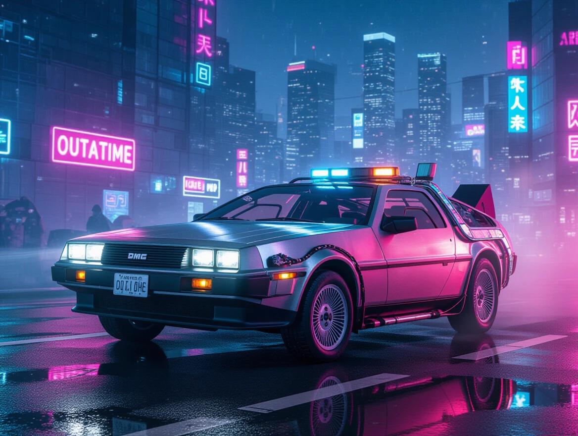 A pink and teal DeLorean time machine is parked in a cyberpunk city at night. The license plate reads OUTATIME. The background is filled with neon lights and a foggy atmosphere.