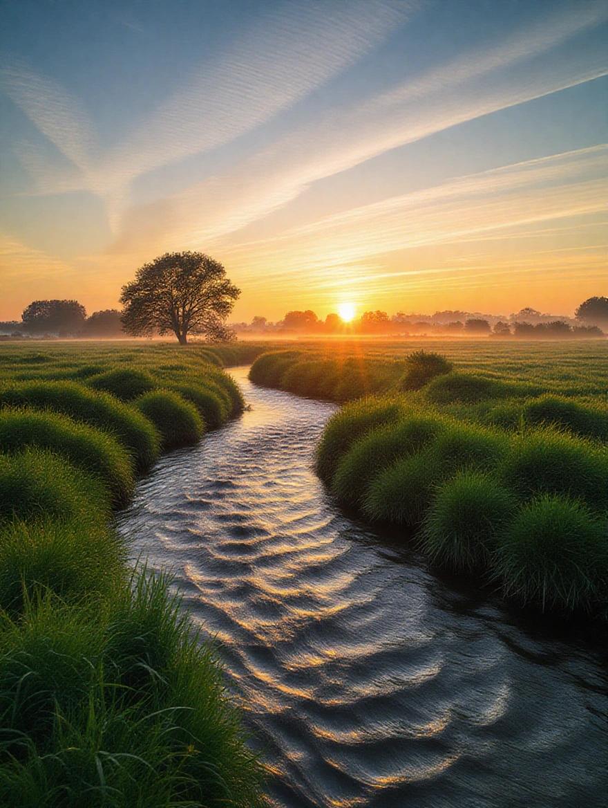 A peaceful river landscape during early morning. The sun rises over the horizon. Lush green grass lines the river. A single tree stands beside the water. Gentle waves reflect the sunlight.