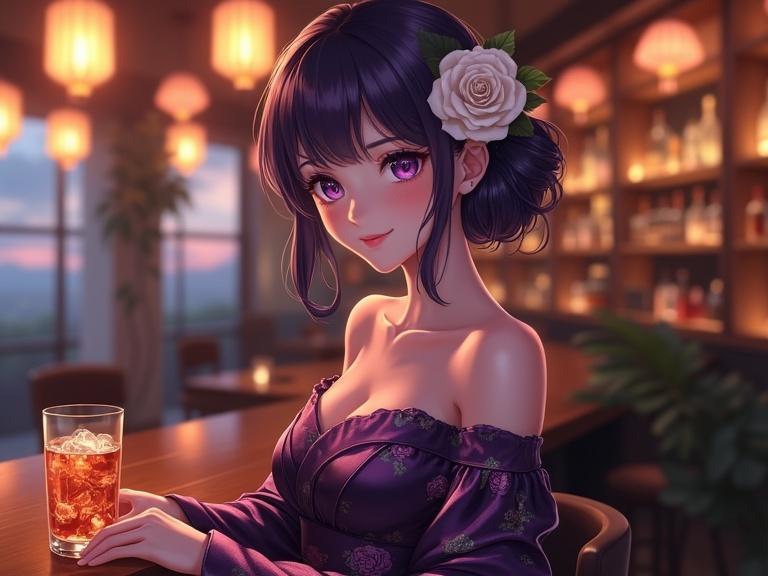 A beautiful anime woman with dark purple hair styled in an elegant updo adorned with a single white rose. She has soft violet eyes and a gentle smile. She is wearing a glossy dark purple kimono-style gown with floral patterns. She is seated at a wooden bar counter holding a cocktail glass with amber liquid and ice. The background shows a softly lit lounge with warm bokeh lighting and indoor plants. The atmosphere is calm and luxurious with cinematic lighting.