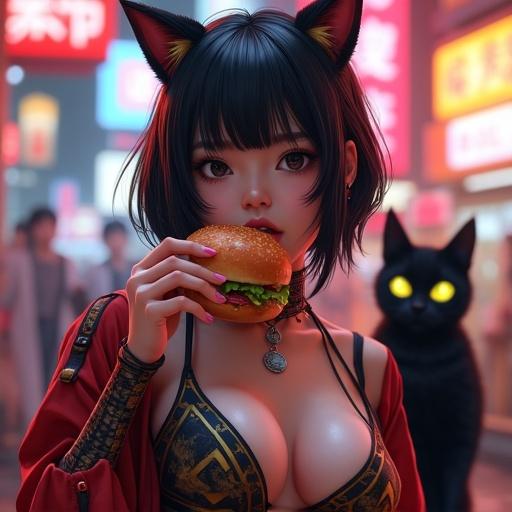 Image of a young female idol in revealing cosplay holding a pork bun. A futuristic black cat and ghost character in the background. Logo engraved on the piece. Highly detailed and dynamic composition with vibrant colors.