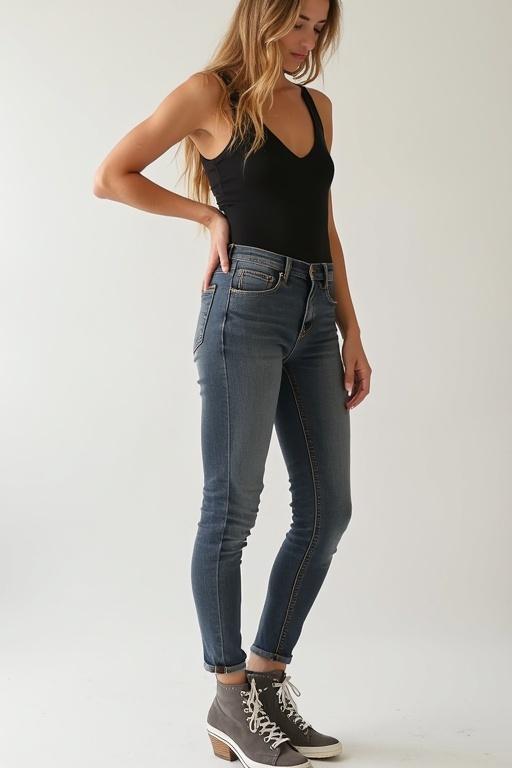 Woman standing in a side pose. She has long hair. Wearing a black bodysuit and blue jeans. Showing a casual outfit with gray footwear.