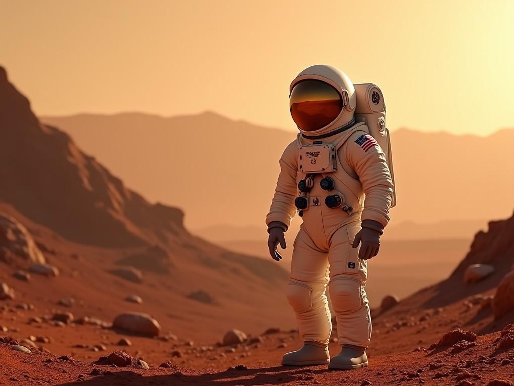 Create an image of an astronaut standing on the surface of Mars. The landscape should be rocky and red, typical of the Martian environment. The sky is a dusty orange due to the thin atmosphere. The astronaut is wearing a white space suit with a reflective visor. In the background, the horizon is visible with rugged terrain and a hint of distant mountains.