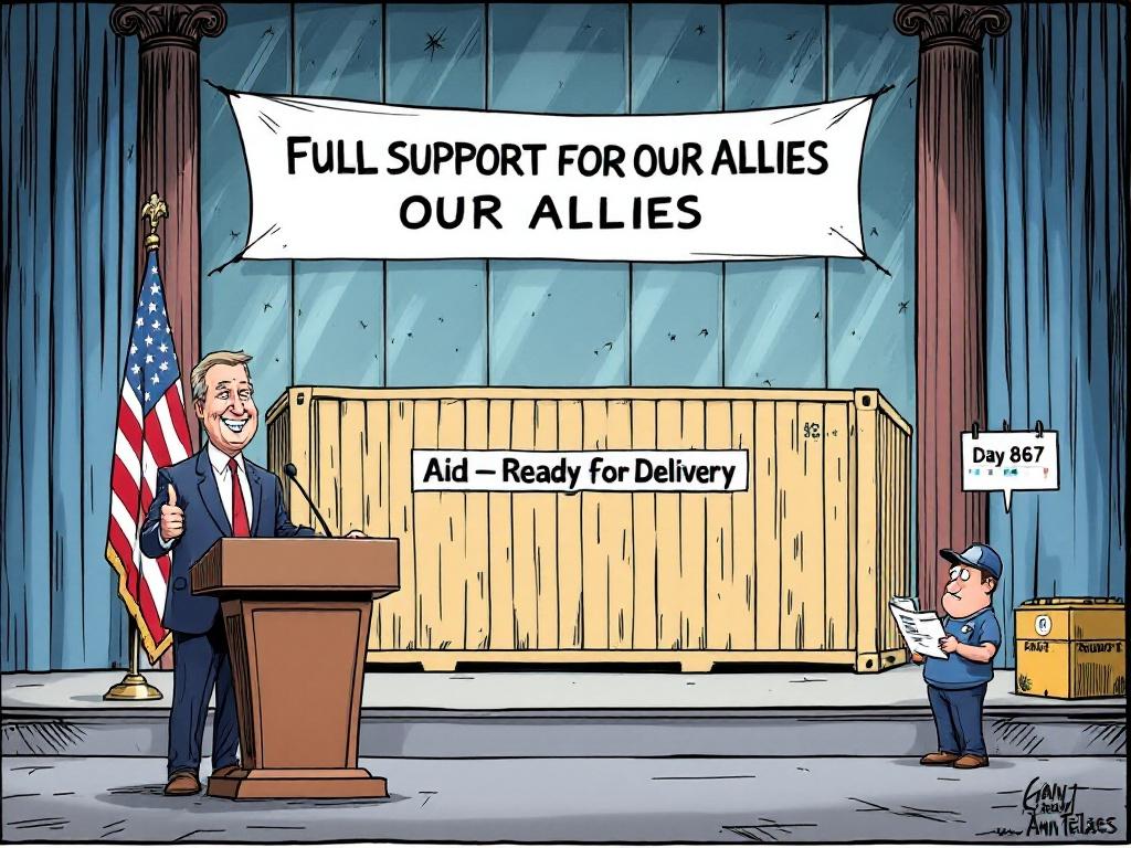 A satirical editorial cartoon in a government press room. A smiling politician is at a podium under a banner. The banner reads Full Support for Our Allies. A dusty shipping container behind him is labeled Aid – Ready for Delivery. A forklift operator stands nearby with a clipboard. A calendar reads Day 867.